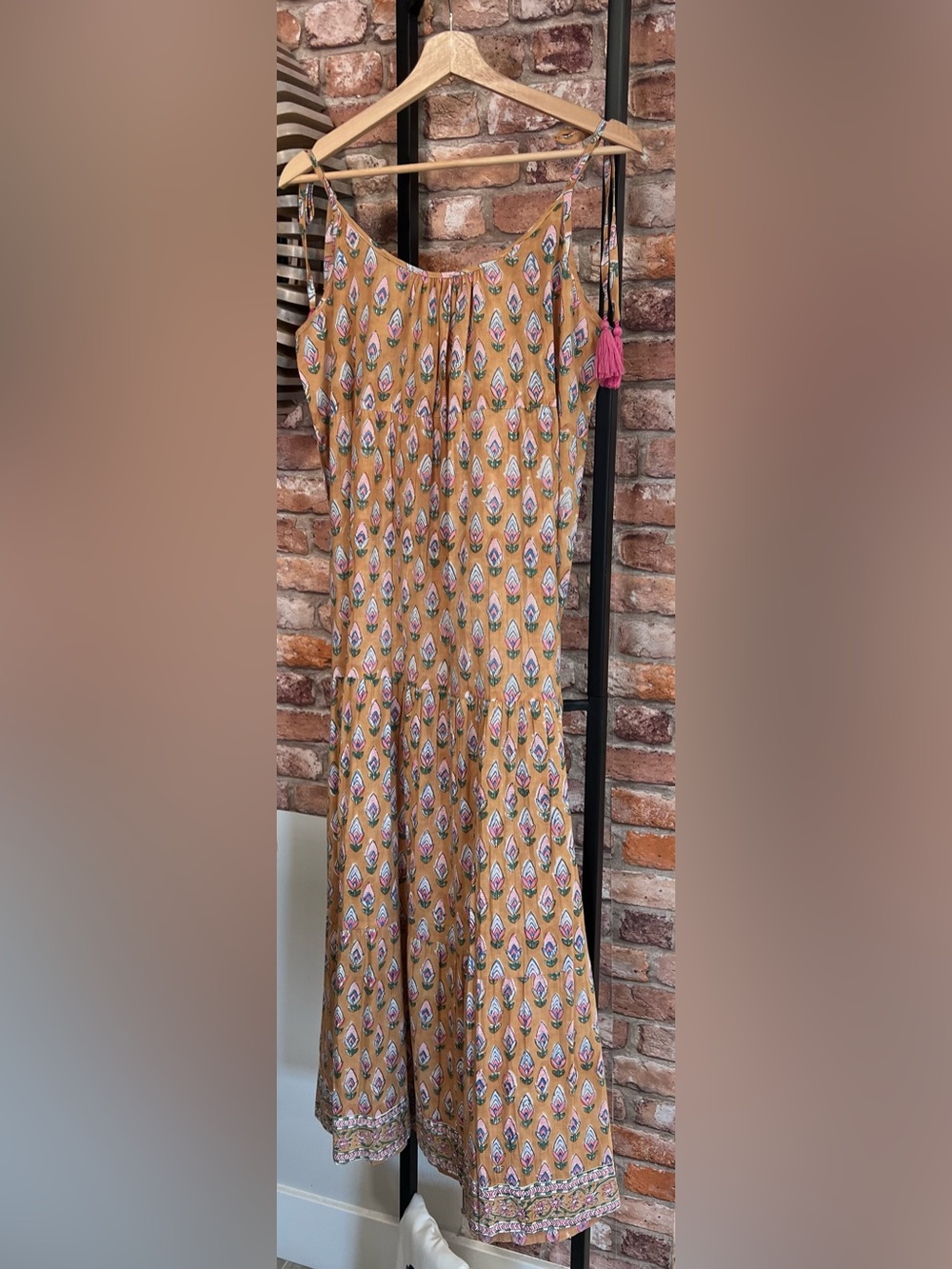 Maxi Slip Dress in Mustard Floral Print with Tassel Accent
